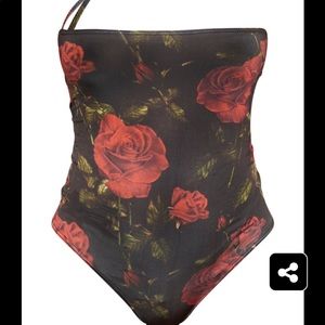 Black Rose Print Asymmetric Strap Bandeau Slinky Bodysuit